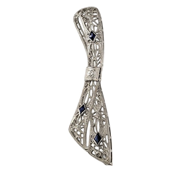14 Karat White Gold Filigree Sapphire & Diamond Bow Brooch #20073 - Picture 2 of 6